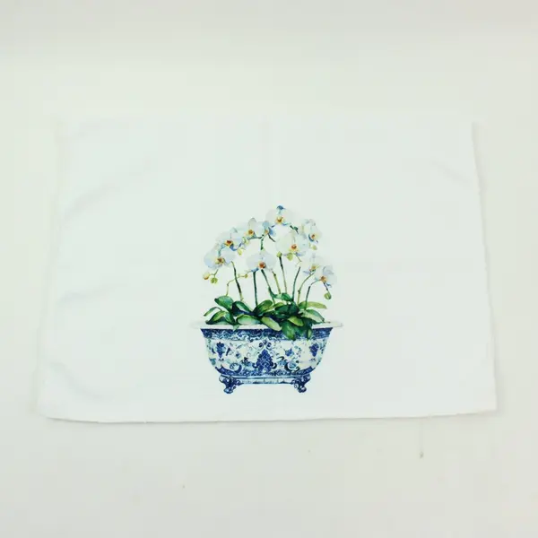 White Blue Chinoiserie Orchid Decorative Hand Towel 16.5 x 24 in