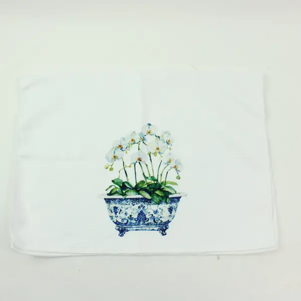 White Blue Chinoiserie Orchid Decorative Hand Towel 16.5 x 24 in
