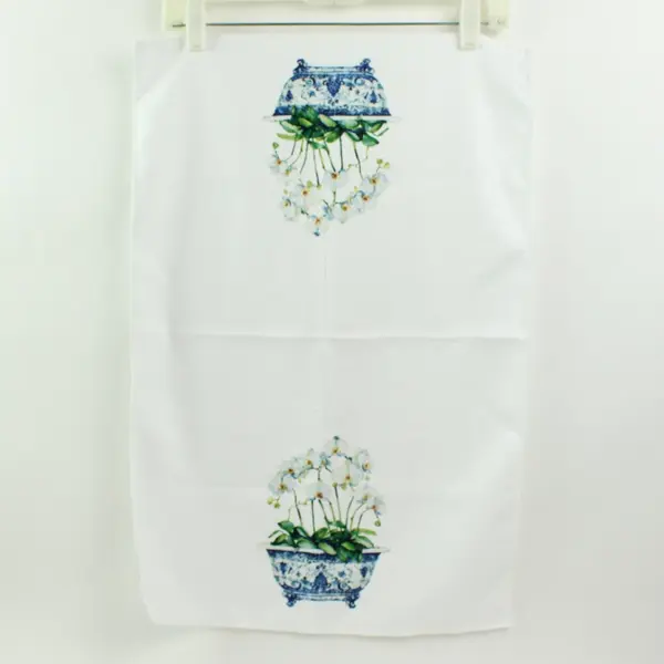 White Blue Chinoiserie Orchid Decorative Hand Towel 16.5 x 24 in