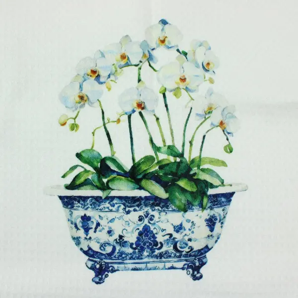 White Blue Chinoiserie Orchid Decorative Hand Towel 16.5 x 24 in