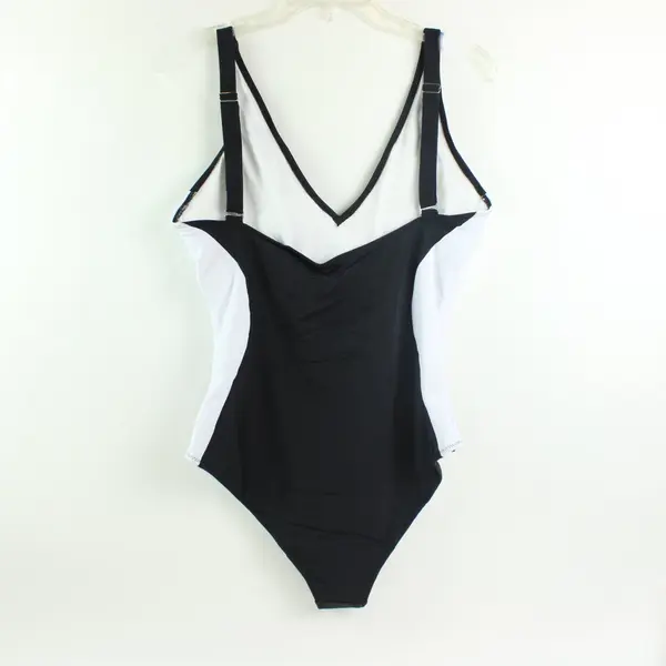 Black White V-Neck Adjustable Straps One-Piece Swimsuit Women's XL