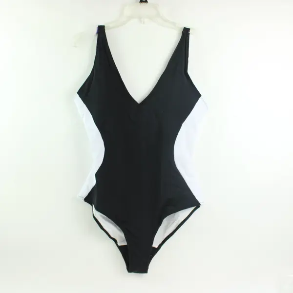 Black White V-Neck Adjustable Straps One-Piece Swimsuit Women's XL