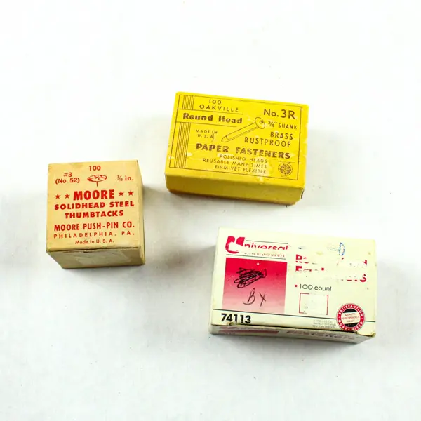 Lot of 2 Boxes Round Head Brass Paper Fasteners, 1 box of Steel Thumb Tacks  