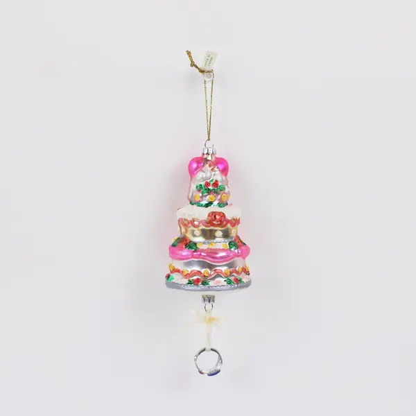 Hand Painted Blown Glass Tiered Wedding Cake Ornament W/Dangling Ring Charms 7"