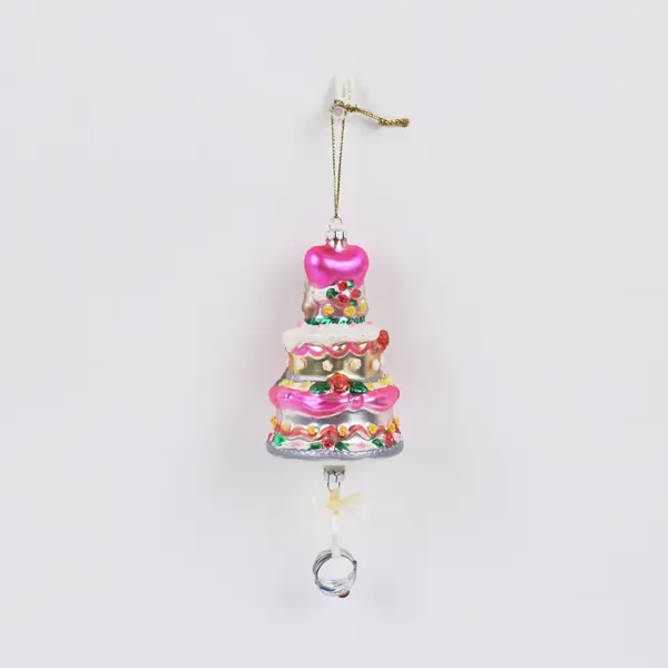 Hand Painted Blown Glass Tiered Wedding Cake Ornament W/Dangling Ring Charms 7"