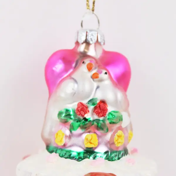 Hand Painted Blown Glass Tiered Wedding Cake Ornament W/Dangling Ring Charms 7"