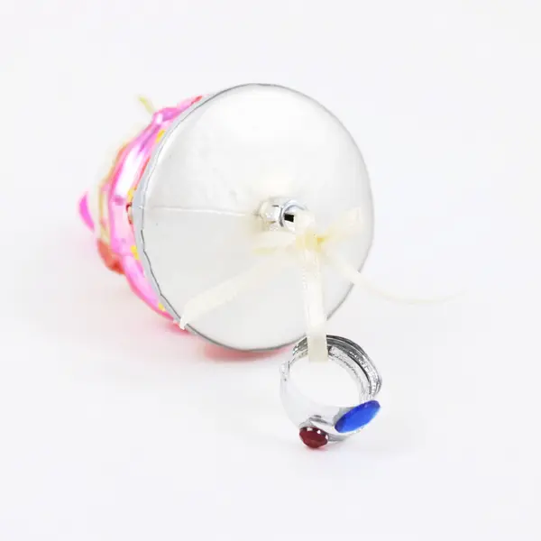 Hand Painted Blown Glass Tiered Wedding Cake Ornament W/Dangling Ring Charms 7"