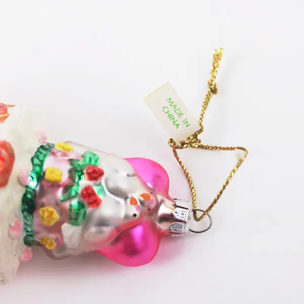 Hand Painted Blown Glass Tiered Wedding Cake Ornament W/Dangling Ring Charms 7"
