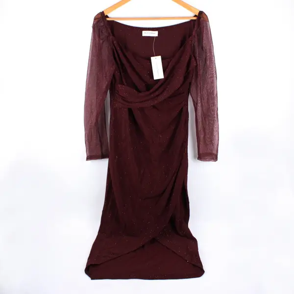 Women's Dark Red Glitter Sheer Long Sleeve Ruched Dress Size L NWT