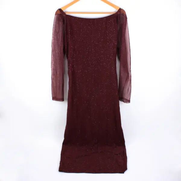 Women's Dark Red Glitter Sheer Long Sleeve Ruched Dress Size L NWT