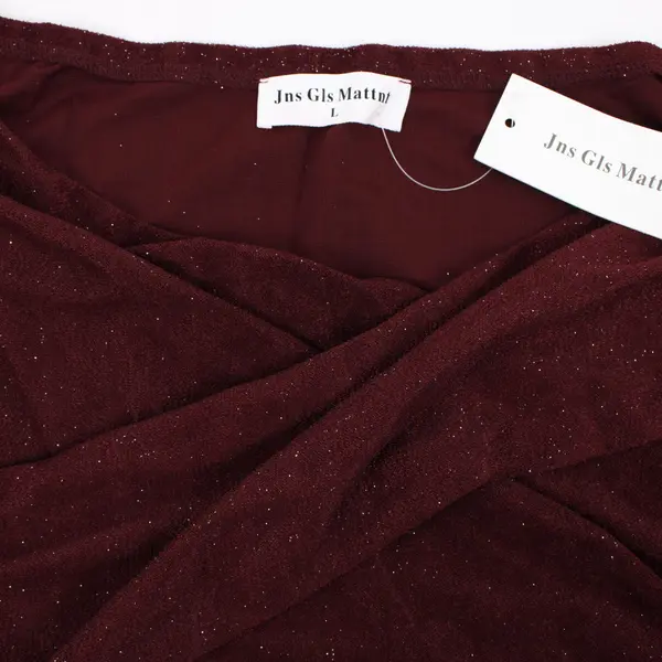 Women's Dark Red Glitter Sheer Long Sleeve Ruched Dress Size L NWT