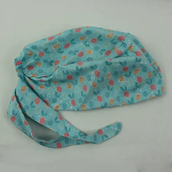 Women's Scrub Cap Light Blue Easter Egg Print Tie Back Nurse Hat