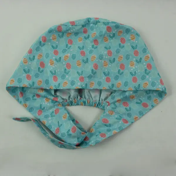 Women's Scrub Cap Light Blue Easter Egg Print Tie Back Nurse Hat