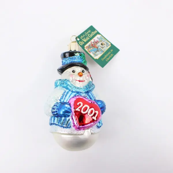 Vintage Old World Christmas Frosty Snowman 2001 Heart Glass Ornament