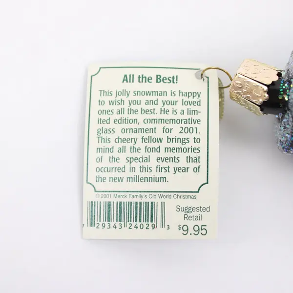 Vintage Old World Christmas Frosty Snowman 2001 Heart Glass Ornament
