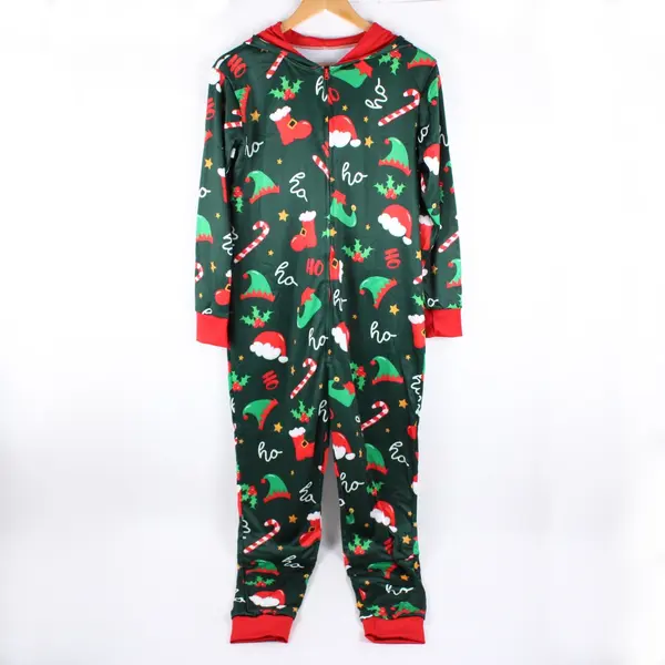 Women's Green Christmas Print Hooded Pajama One Piece Medium