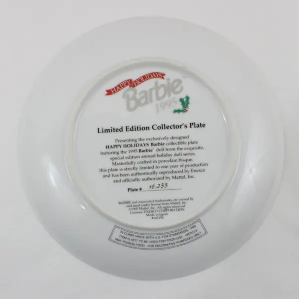 1995 Enesco Limited Edition Happy Holidays Barbie Collector Plate 8.5 in