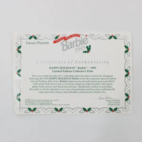 1995 Enesco Limited Edition Happy Holidays Barbie Collector Plate 8.5 in
