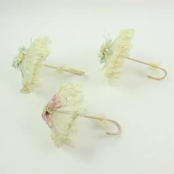 Lolita Lace Miniature Parasols Dollhouse Umbrellas Set of 3 Ruffle Bow Handles