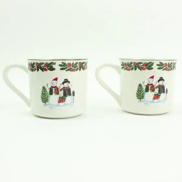 GEI Design Snowman Family Christmas Mugs Pair Holly Ceramic