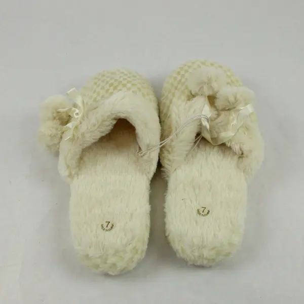 Bi-Mart Women's Fuzzy Slippers Cream White Puff Ball Detail Size 7