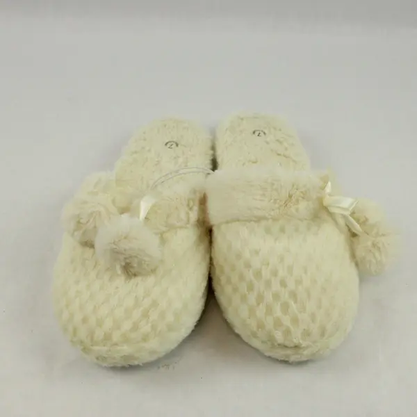 Bi-Mart Women's Fuzzy Slippers Cream White Puff Ball Detail Size 7