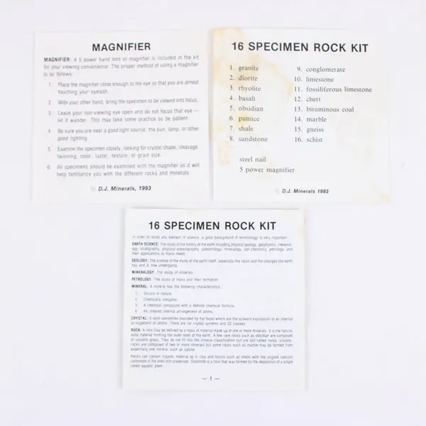 D.J. Minerals 16 Specimen Rock Kit With Study Guide Storage Case