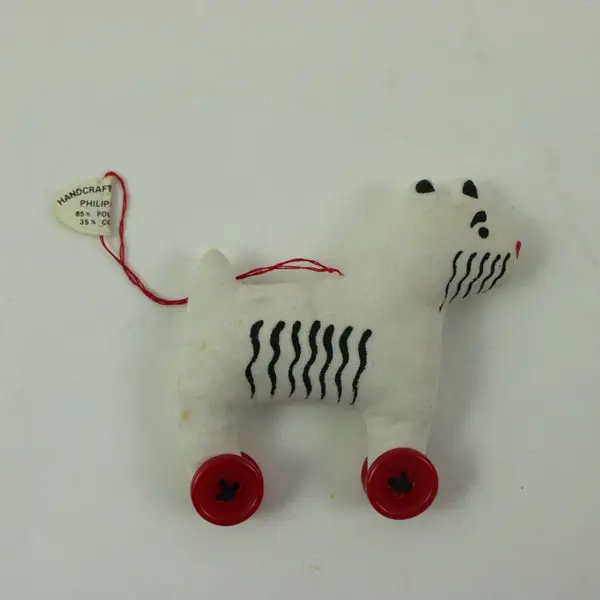 Dept. 56 1980s Fox Terrier Stuffed Fabric Pull Toy Dog on Wheels