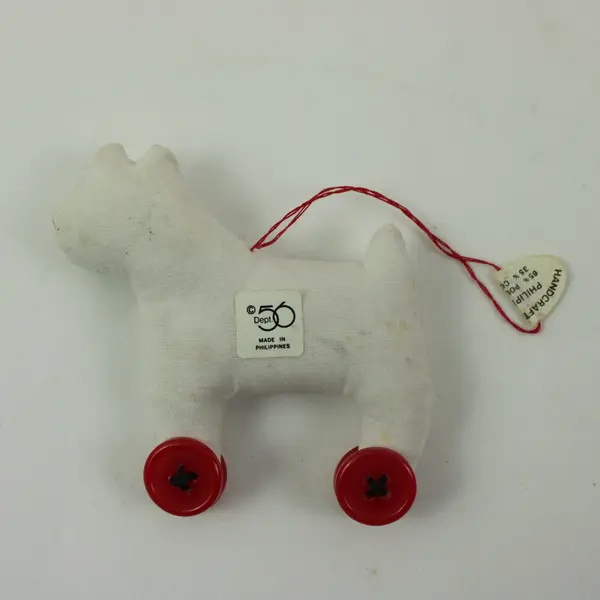 Dept. 56 1980s Fox Terrier Stuffed Fabric Pull Toy Dog on Wheels