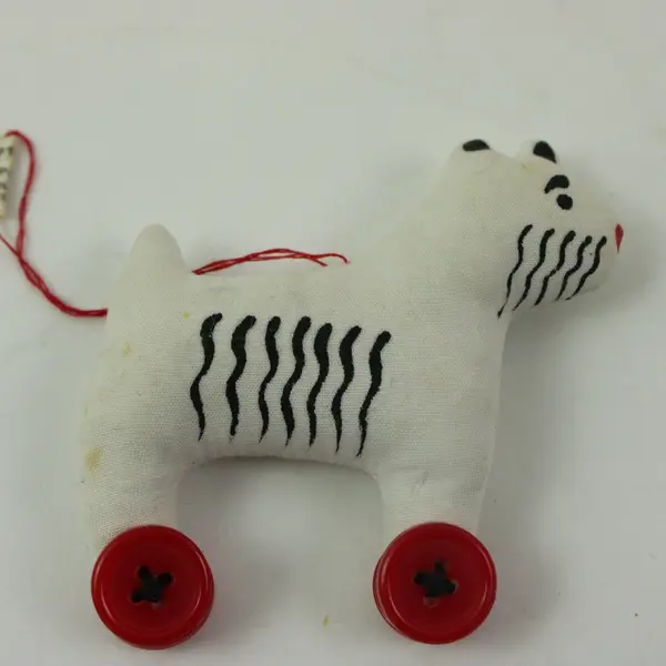 Dept. 56 1980s Fox Terrier Stuffed Fabric Pull Toy Dog on Wheels
