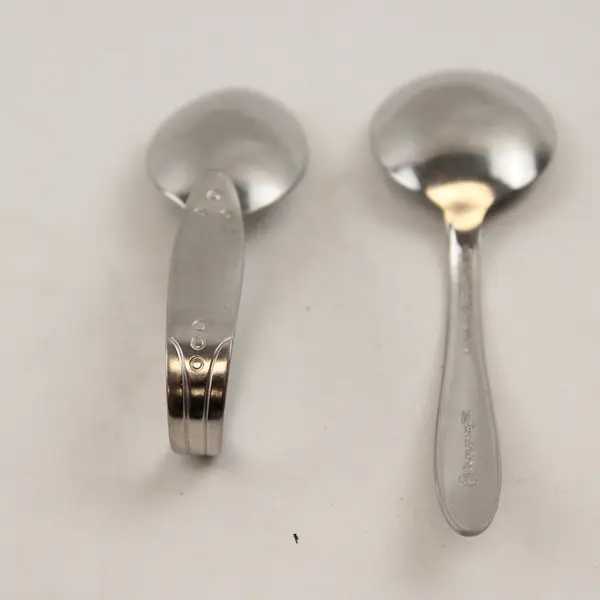 Vintage Lot of 2 Rare Infant Sanitoy SS Feeding Spoons Engraved 2 Styles Good