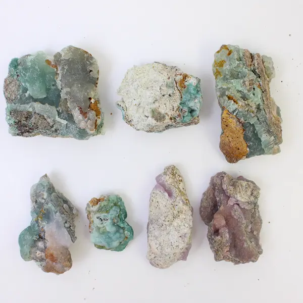 Lot of 7 Raw Uncut Smithsonite - Teal/Green and Purple/Lavender - Various Sizes