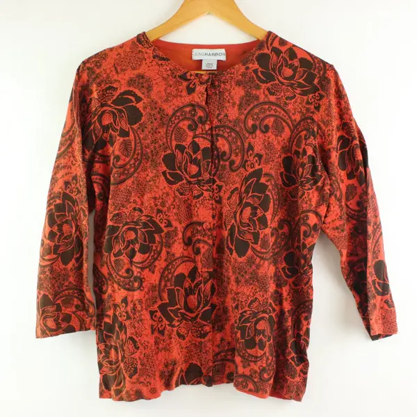 Sag Harbor Women's Large Orange Black Floral Long Sleeve Cardigan