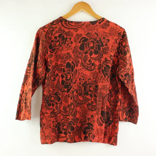 Sag Harbor Women's Large Orange Black Floral Long Sleeve Cardigan