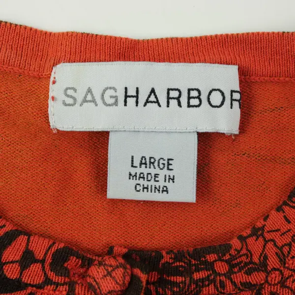 Sag Harbor Women's Large Orange Black Floral Long Sleeve Cardigan