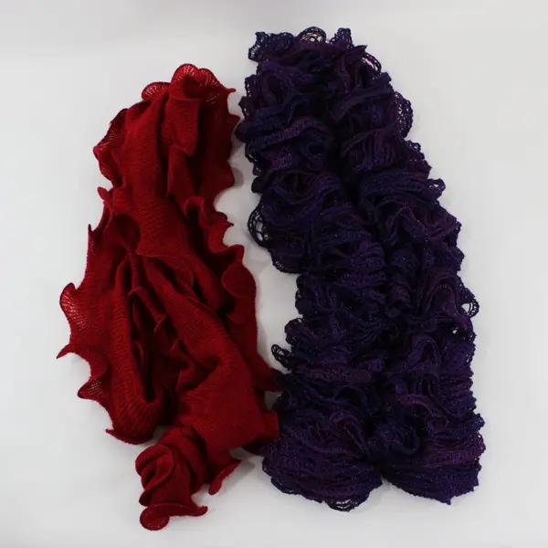 Lot of 2 Women's Skinny Ruffled Knit Scarves Purple Red