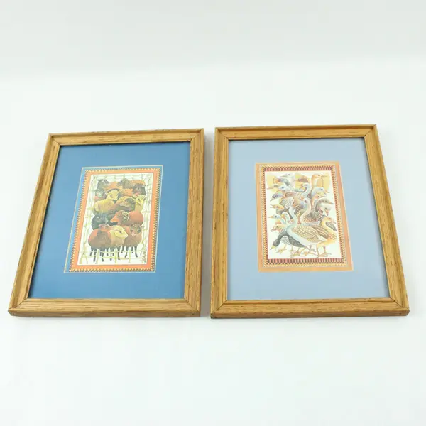Pair Framed Wildlife Art Prints Birds & Sheep Blue Mats Wood Frames