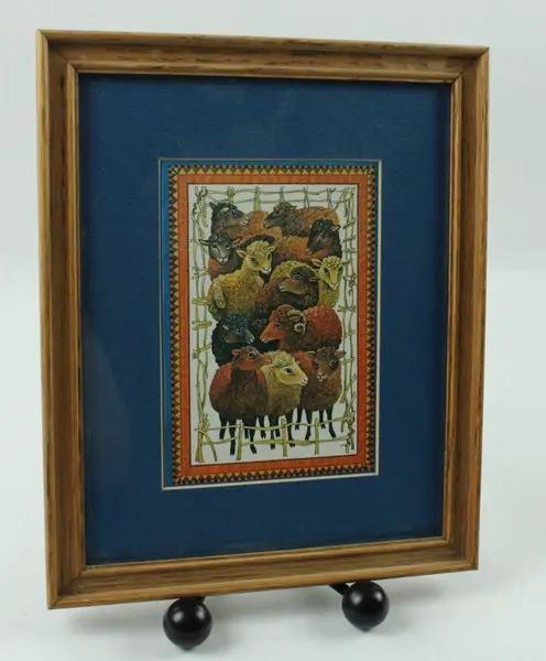 Pair Framed Wildlife Art Prints Birds & Sheep Blue Mats Wood Frames