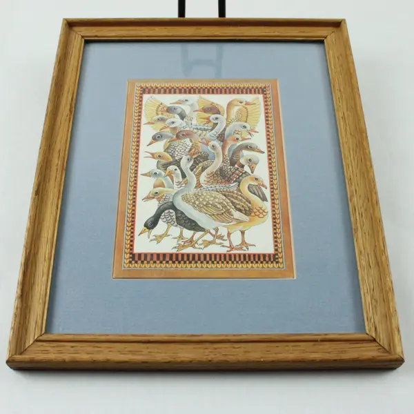 Pair Framed Wildlife Art Prints Birds & Sheep Blue Mats Wood Frames