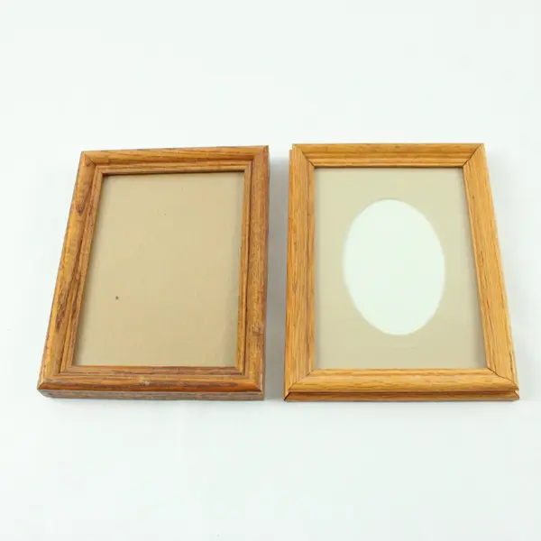 Pair Oak Wood Picture Frames Oval & Rectangular Matted Beveled