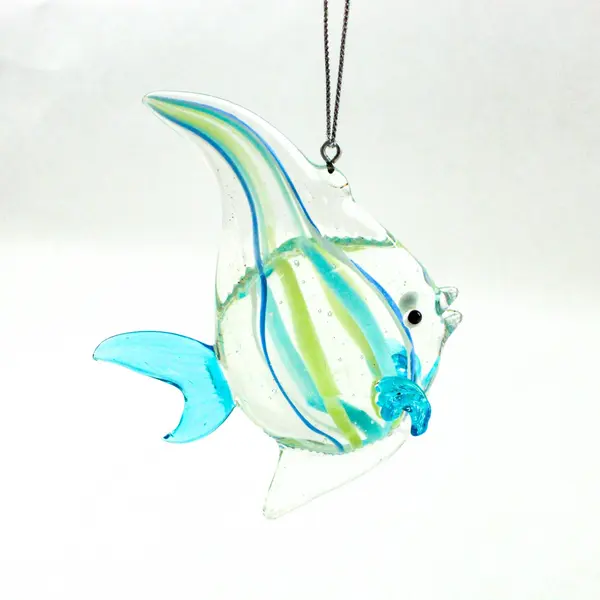 Hand-Blown Art Glass Fish Ornament Clear Body W/Blue Yellow Swirls 3.5" Tall