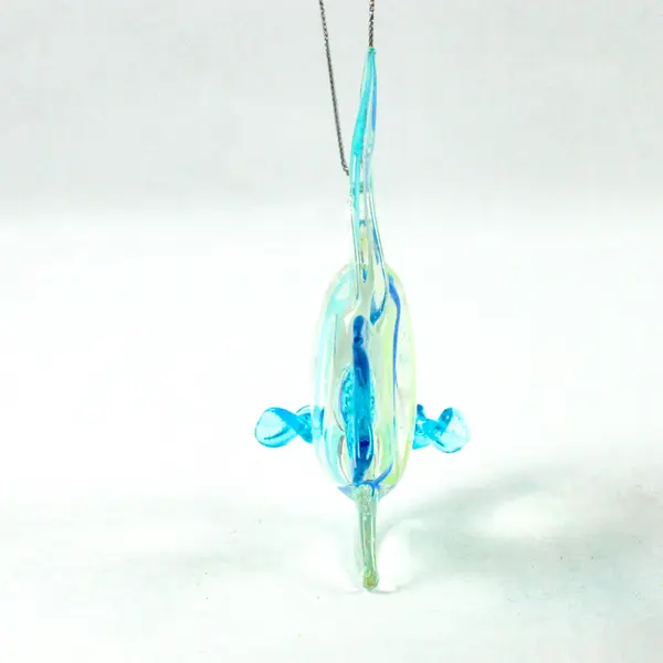 Hand-Blown Art Glass Fish Ornament Clear Body W/Blue Yellow Swirls 3.5" Tall