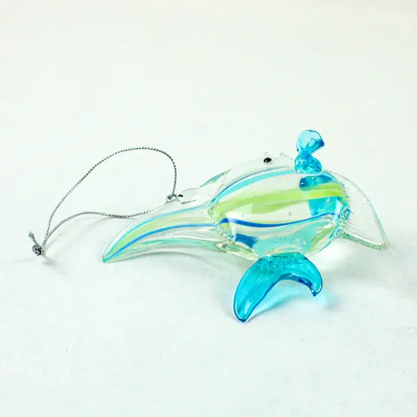 Hand-Blown Art Glass Fish Ornament Clear Body W/Blue Yellow Swirls 3.5" Tall