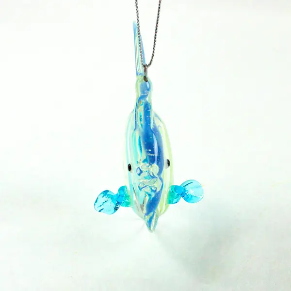 Hand-Blown Art Glass Fish Ornament Clear Body W/Blue Yellow Swirls 3.5" Tall