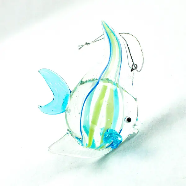 Hand-Blown Art Glass Fish Ornament Clear Body W/Blue Yellow Swirls 3.5" Tall