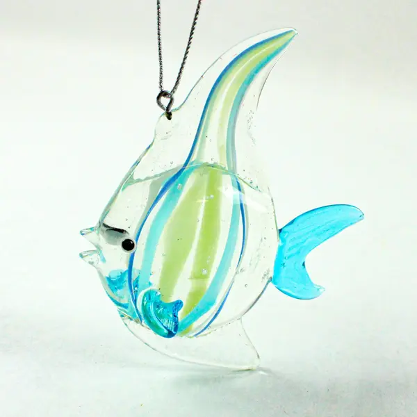 Hand-Blown Art Glass Fish Ornament Clear Body W/Blue Yellow Swirls 3.5" Tall