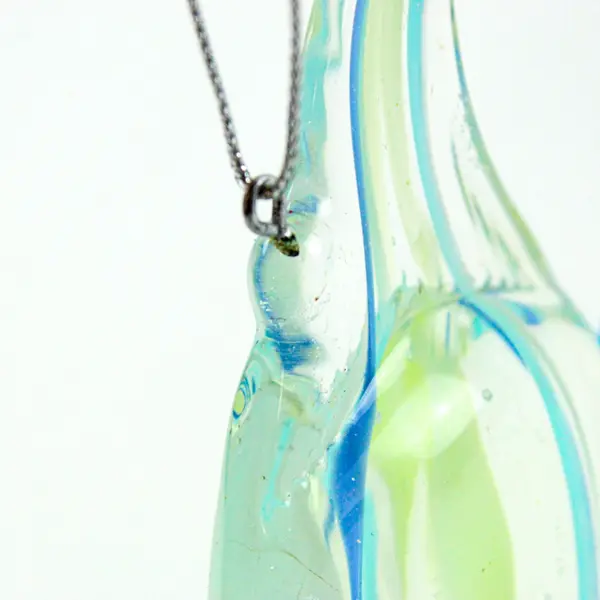 Hand-Blown Art Glass Fish Ornament Clear Body W/Blue Yellow Swirls 3.5" Tall