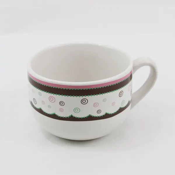 Large Trisa Ceramic Coffee Mug 5" Diameter White Patterned Bands
