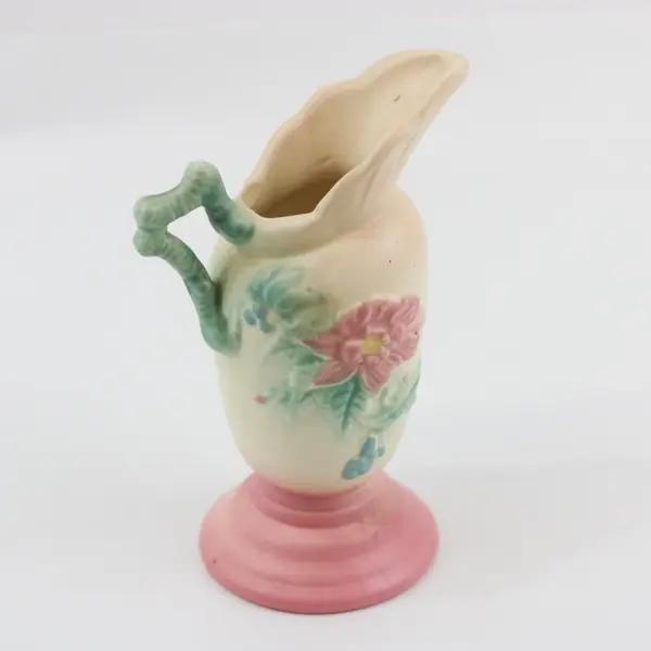Hull Pottery Woodland Creamer Pitcher Vase Green Pink Floral Pedestal W3