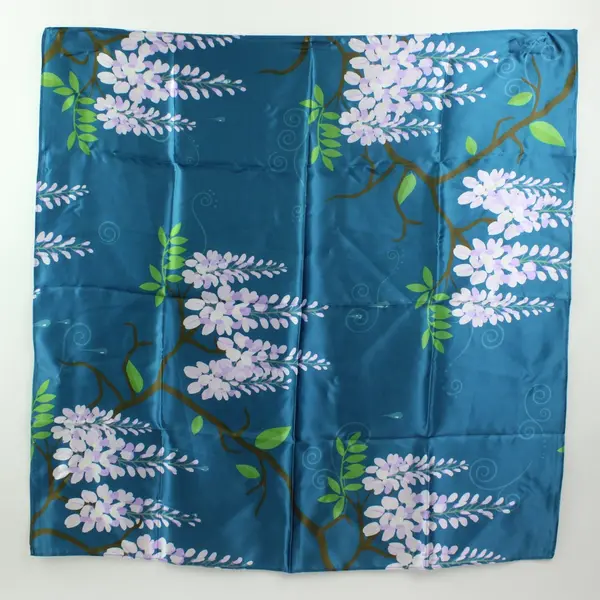 Faux Silk Scarf 27x27 Blue Watercolor Flowering Vine Floral Print